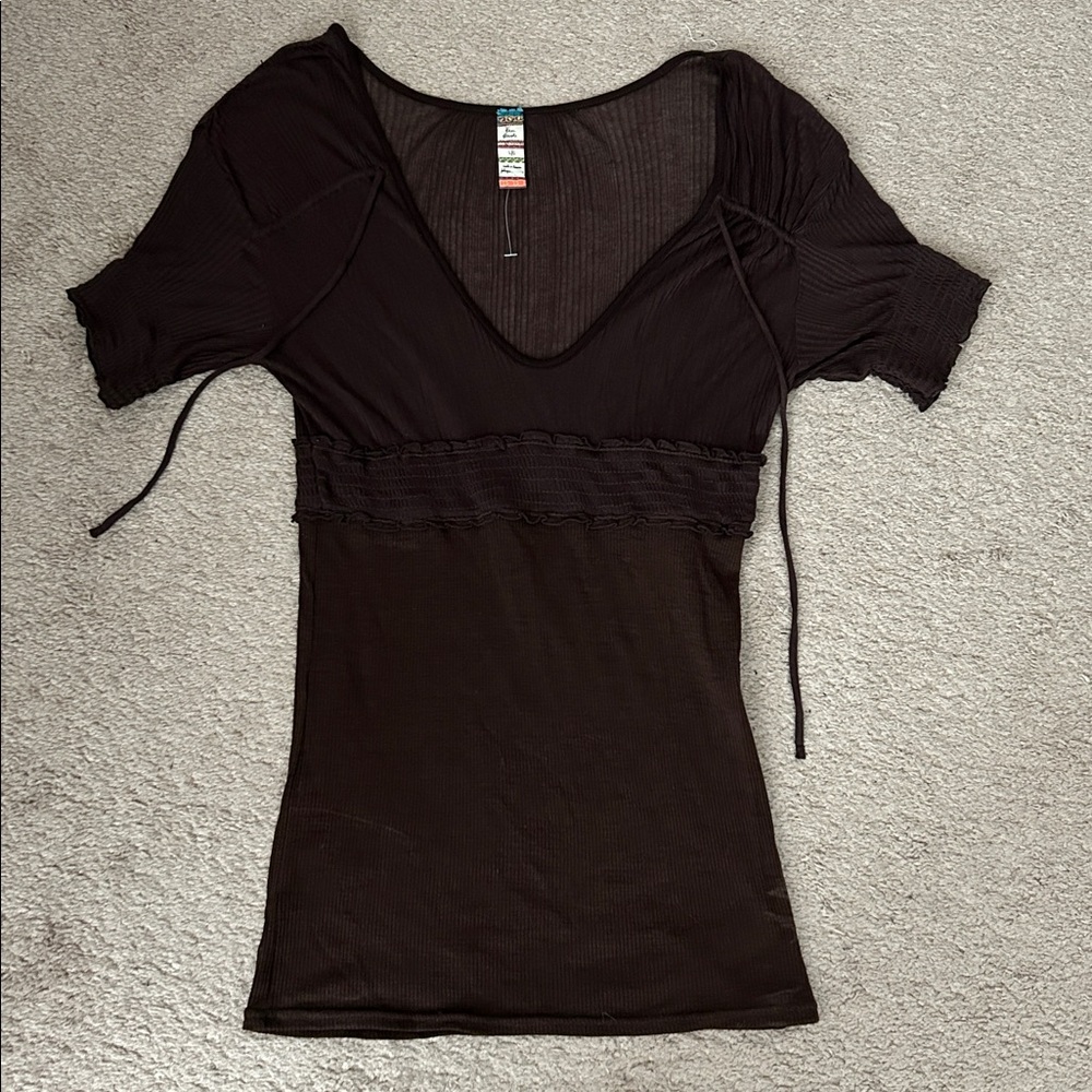 Free People Ribbed Brown Boho Blouse